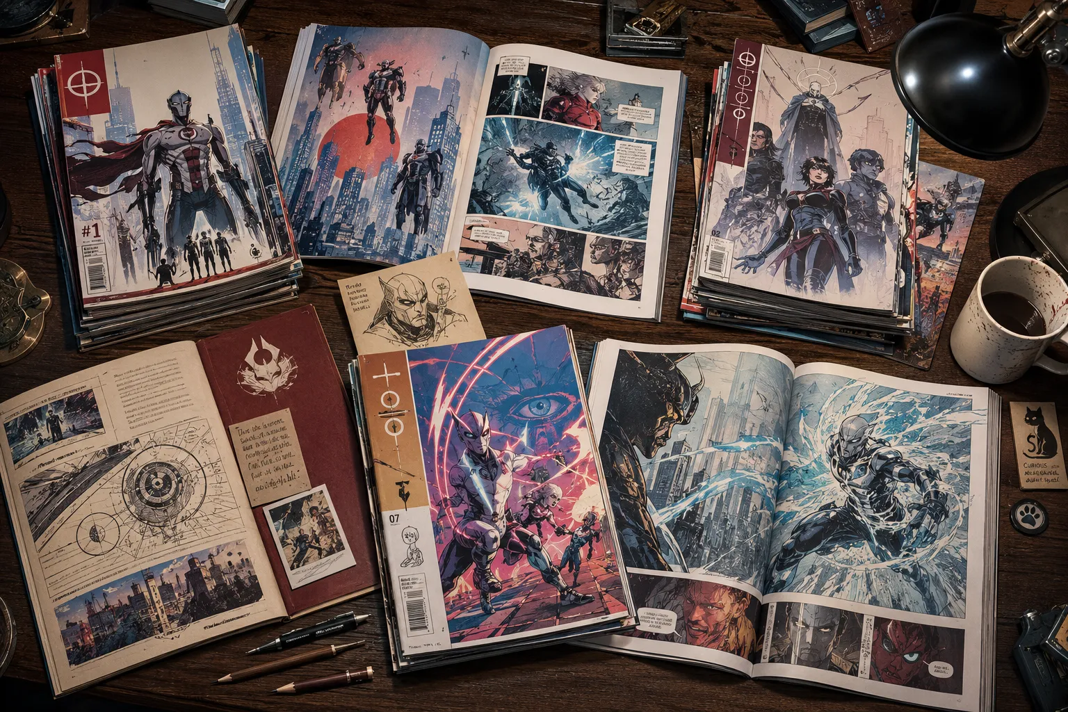 A stack of comic books