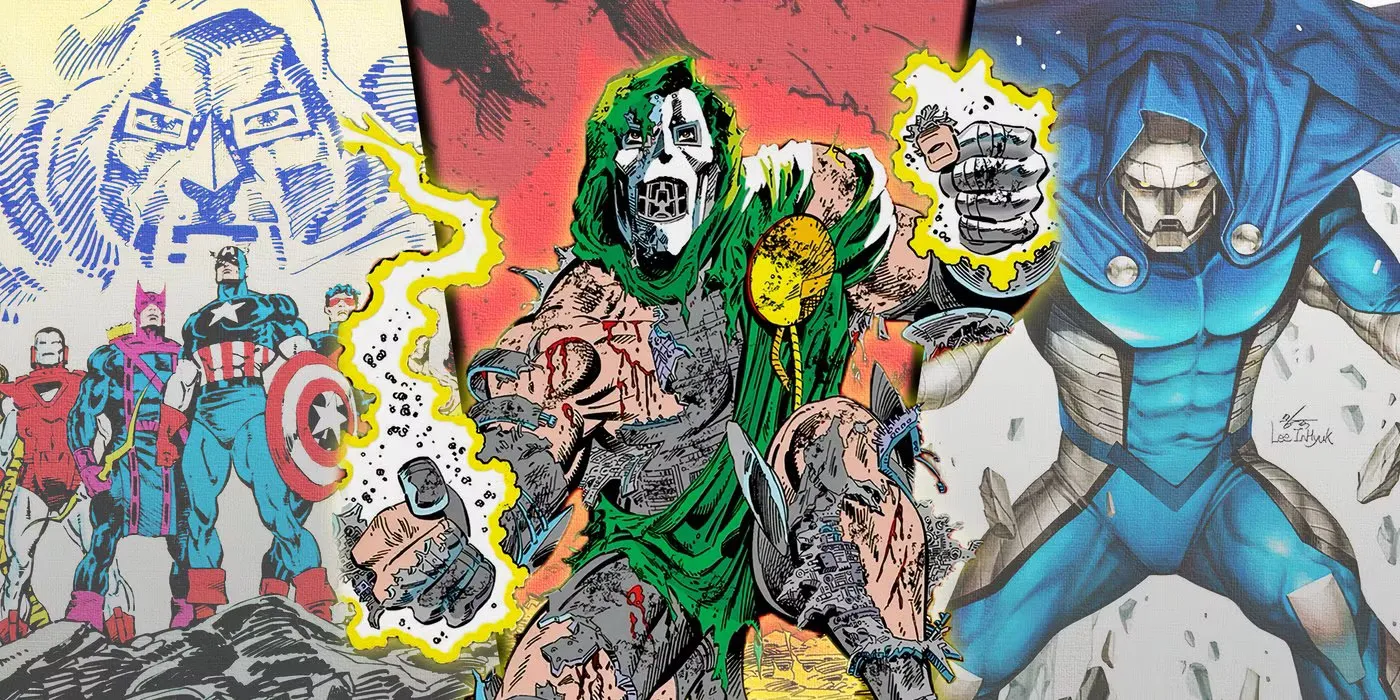 Key art of Doctor Doom facing the heroes of three universes